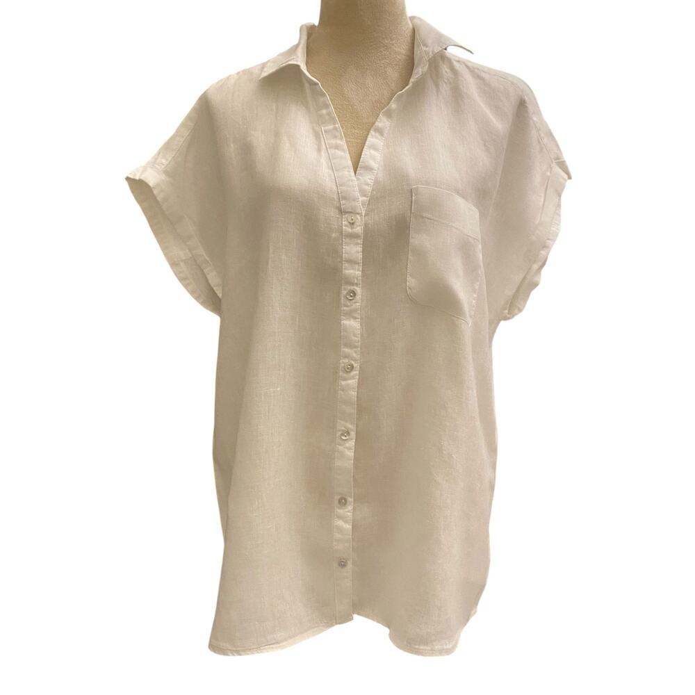 Rachel Zoe 100% Linen Collared Button Down Short Sleeve Shirt Size XL White